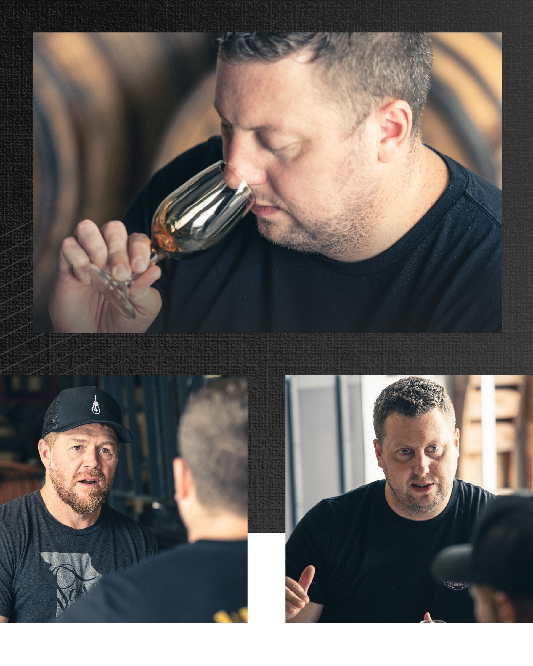 Collage of a brewers tasting beer and interacting with others in a social setting.
